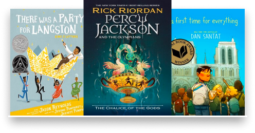 New Releases Examples Titles - Percy Jackson and The Olympians, There Was A Party For Langston, and A First Time For Everything