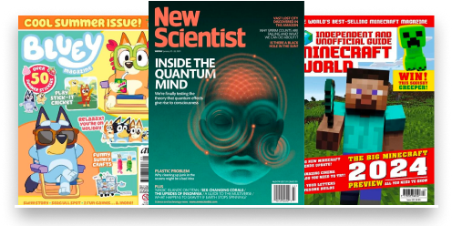 Magazine examples - New Scientist, Bluey and Minecraft World